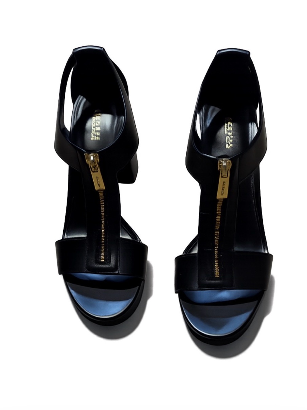 Michael Kors Black Leather T-Strap Heels with Gold Zipper Accents
